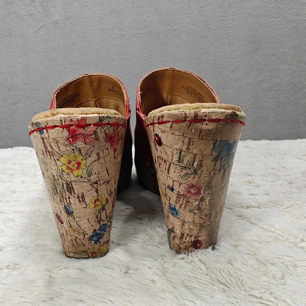 b.o.c Red Leather Wedge Sandals Floral Cork Heel Tropical Resort Vacation Cruise